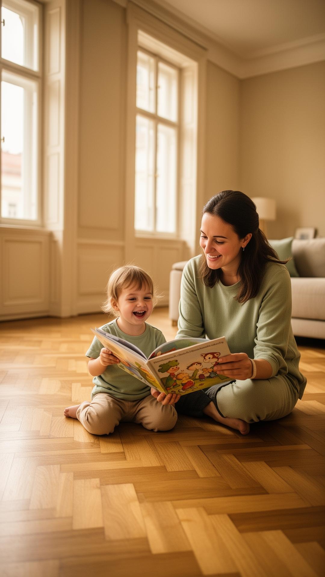 Babysitterin liest einem fröhlichen Kleinkind ein Bilderbuch in einem sonnigen österreichischen Wohnzimmer vor